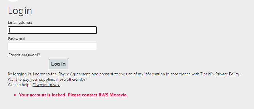 Screenshot of a login page with fields for email address and password. A message below reads 'Your account is locked. Please contact RWS Moravia.'