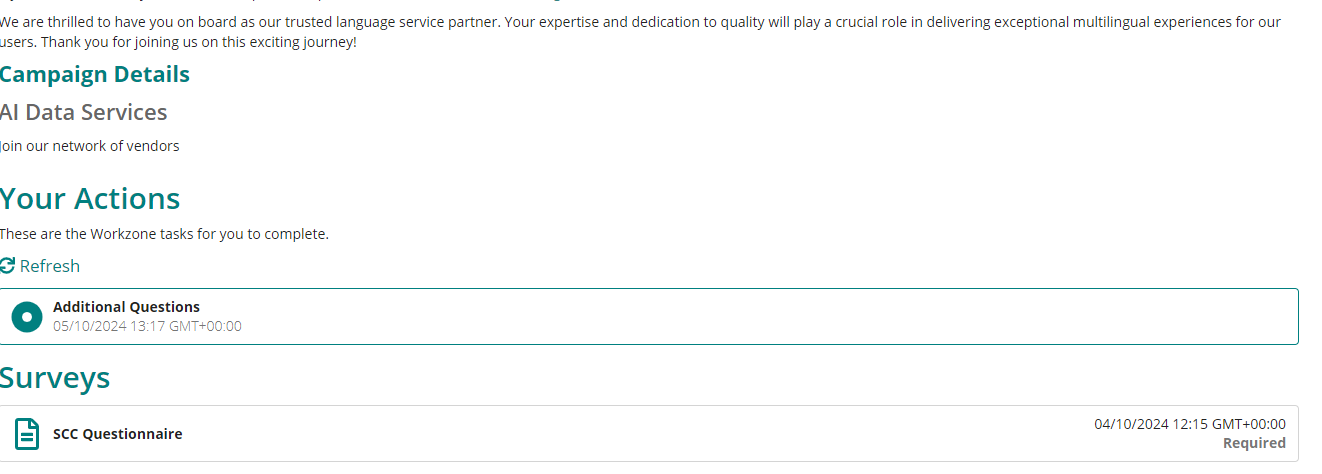 Screenshot of a user dashboard with a welcome message, campaign details for AI Data Services, a 'Your Actions' section with a task titled 'Additional Questions' due on 05102024, and a 'Surveys' section with an 'SCC Questionnaire' due on 04102024 marked as required.