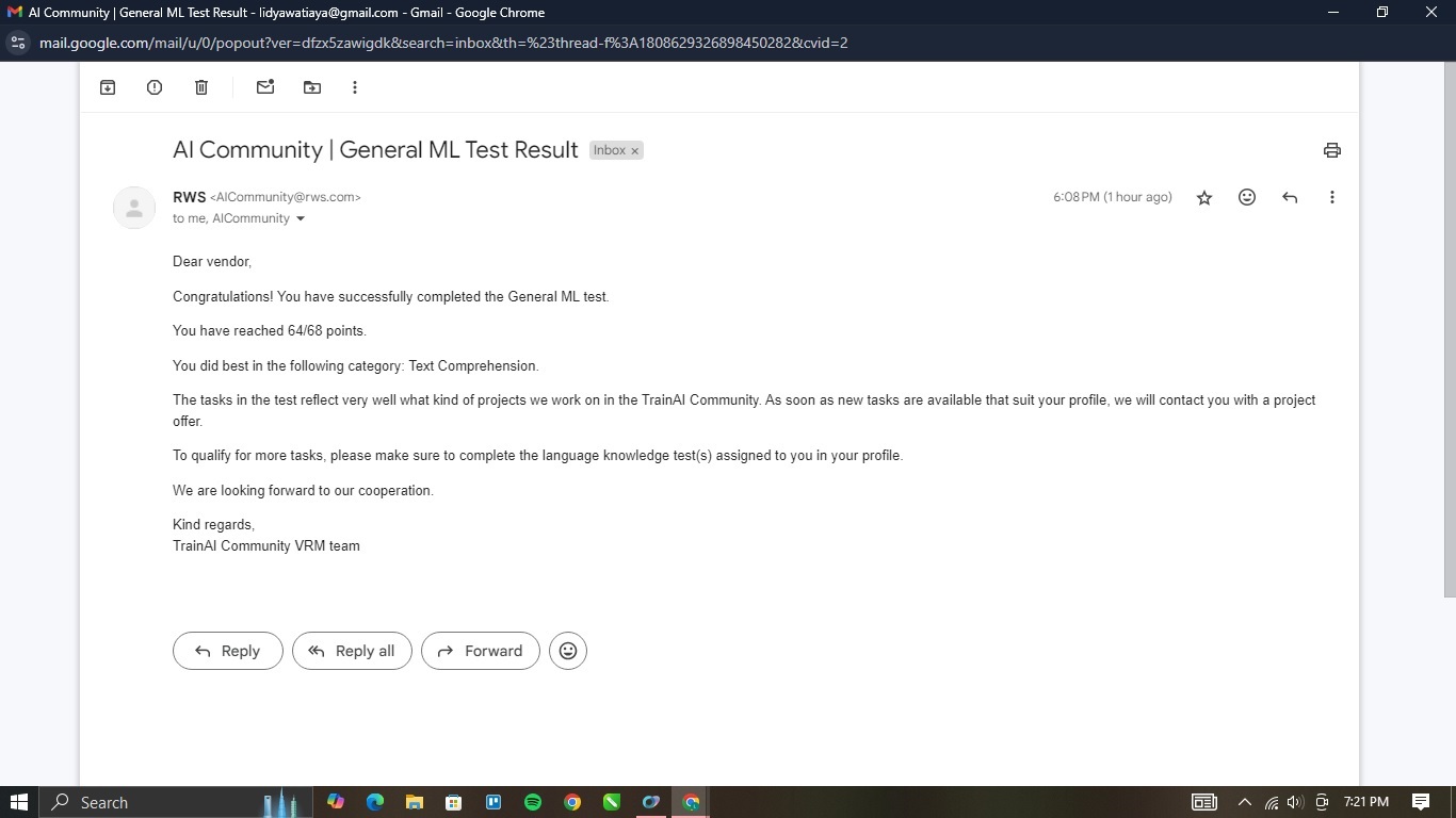 Email screenshot showing a message from the AI Community with the subject 'General ML Test Result'. The email congratulates the recipient on completing the General ML test, mentions a score of 6468 points, and advises to complete language knowledge tests in the profile for more tasks.