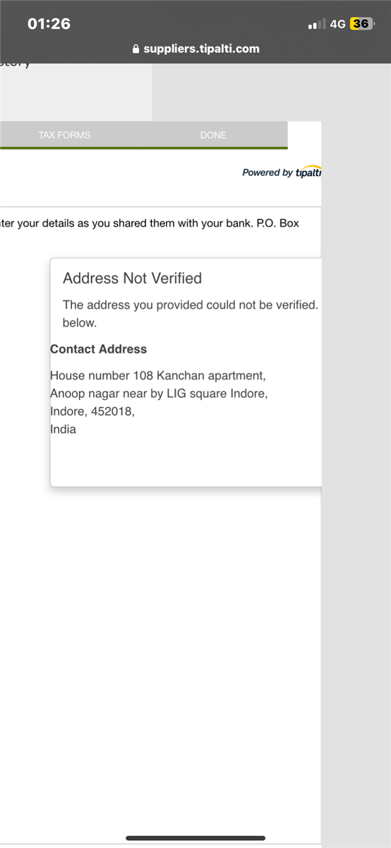 Mobile screenshot of suppliers.tipalti.com showing an 'Address Not Verified' error message for a contact address in Indore, India.