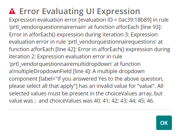 Error message dialog titled 'Error Evaluating UI Expression'. It details an expression evaluation error with multiple function references and an invalid value for a multiple dropdown component.