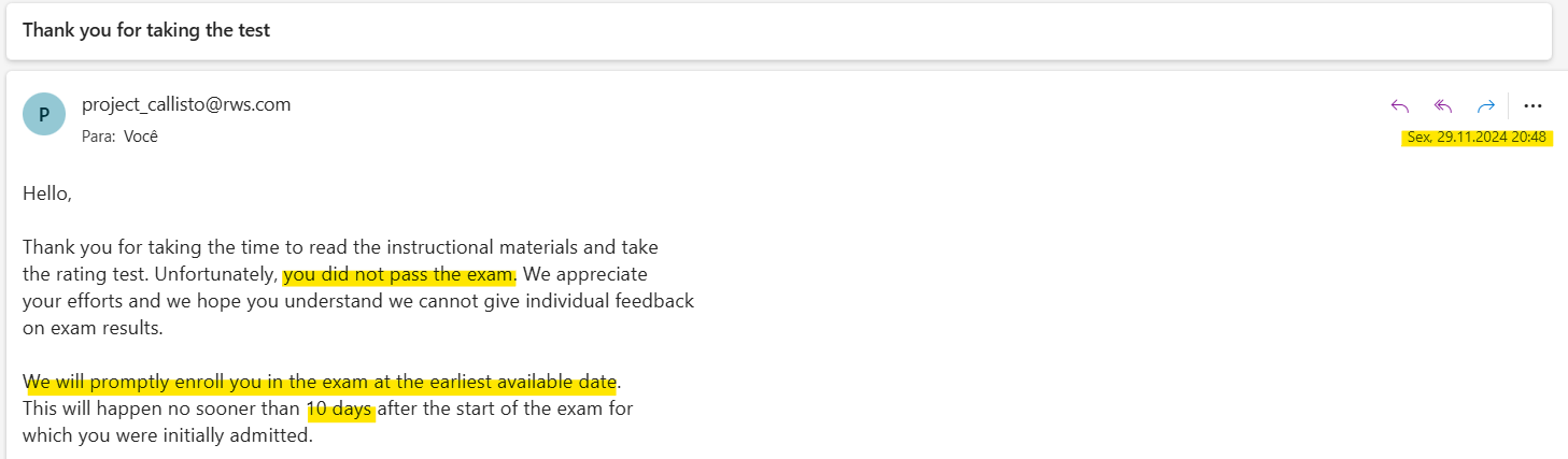 Email screenshot indicating failure to pass an exam with highlighted text stating a re-enrollment in the exam no sooner than 10 days after the initial attempt, dated November 29, 2024.