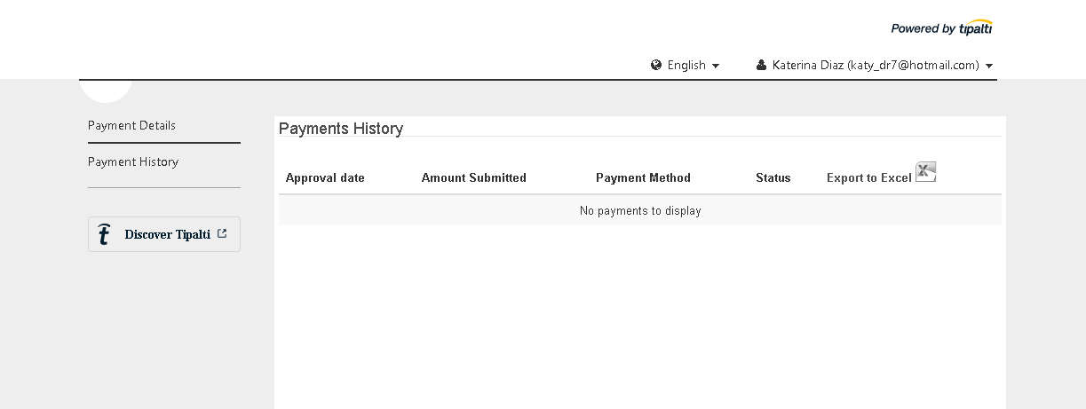 Screenshot of the Tipalti platform showing the Payments History page with no payments to display. The table headers include Approval Date, Amount Submitted, Payment Method, Status, and Export to Excel.