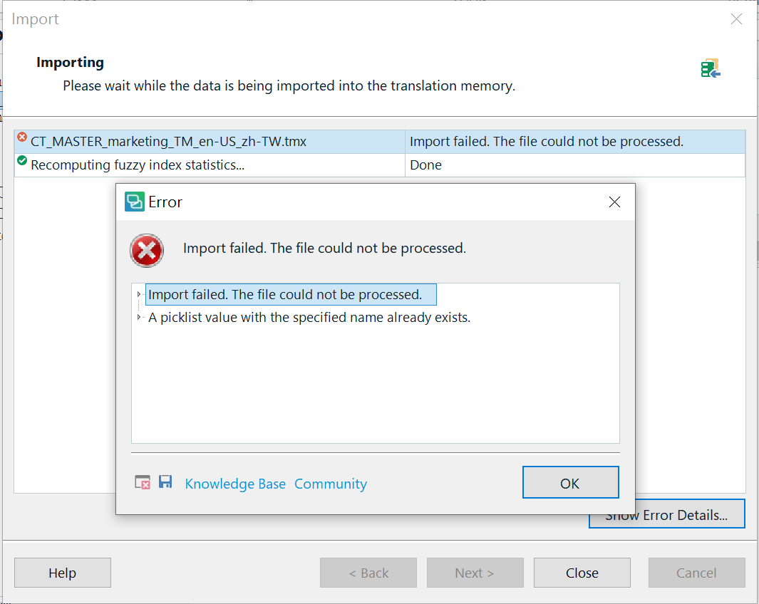 Trados Studio error message window showing 'Import failed. The file could not be processed. A picklist value with the specified name already exists.'
