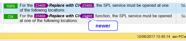 Screenshot showing two entries in Trados Studio TM. Top entry labeled 100% with text 'For the 23468 Replace with CI 23468', bottom entry labeled CM with text 'For the 23468 Replace with CI 23468 function' and a 'newer' tag.