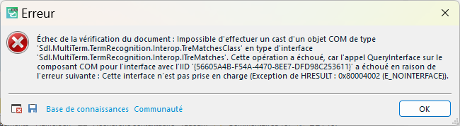 Error dialog box with a red cross icon indicating a failure in document verification due to an inability to cast a COM object of type 'Sdl.MultiTerm.TermRecognition.Interop.ITermMatchesClass'. It mentions a QueryInterface call failure on 'ITermMatches' and an unsupported interface with an HRESULT exception code.