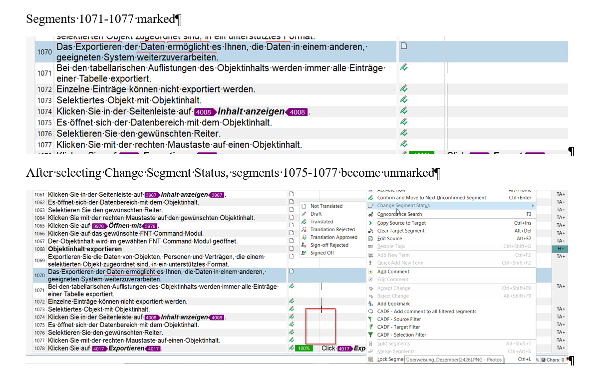 Screenshot of Trados Studio showing segments 1071-1077 marked with green checkmarks indicating confirmed status.