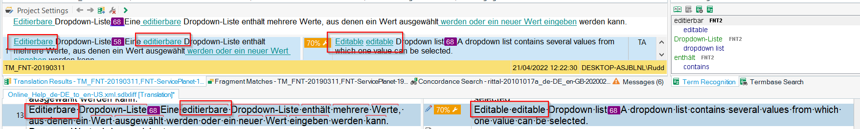 Screenshot of Trados Studio showing a term replacement error with highlighted text 'Editable Dropdown-List 68' and 'Editable editable Dropdown list 68'.