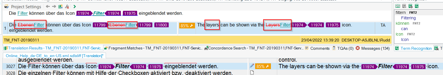 Screenshot of Trados Studio showing a translation segment with two occurrences of the word 'Filter'. The first occurrence is highlighted, but the second is not, indicating an ignored replacement.
