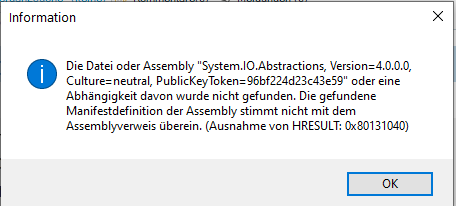 Information dialog box in Trados Studio showing an error message about a missing file or assembly 'System.IO.Abstractions, Version=4.0.0.0' with HRESULT exception code 0x80131040.