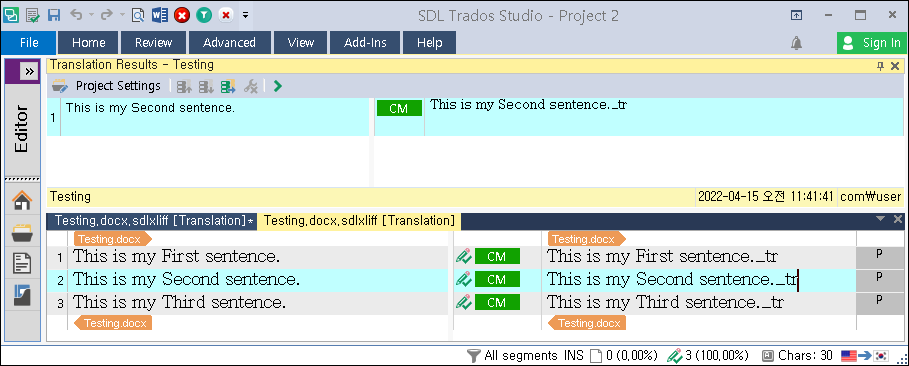 Screenshot of Trados Studio with a translation project where all three sentences are labeled as 'CM' for ContextMatch.