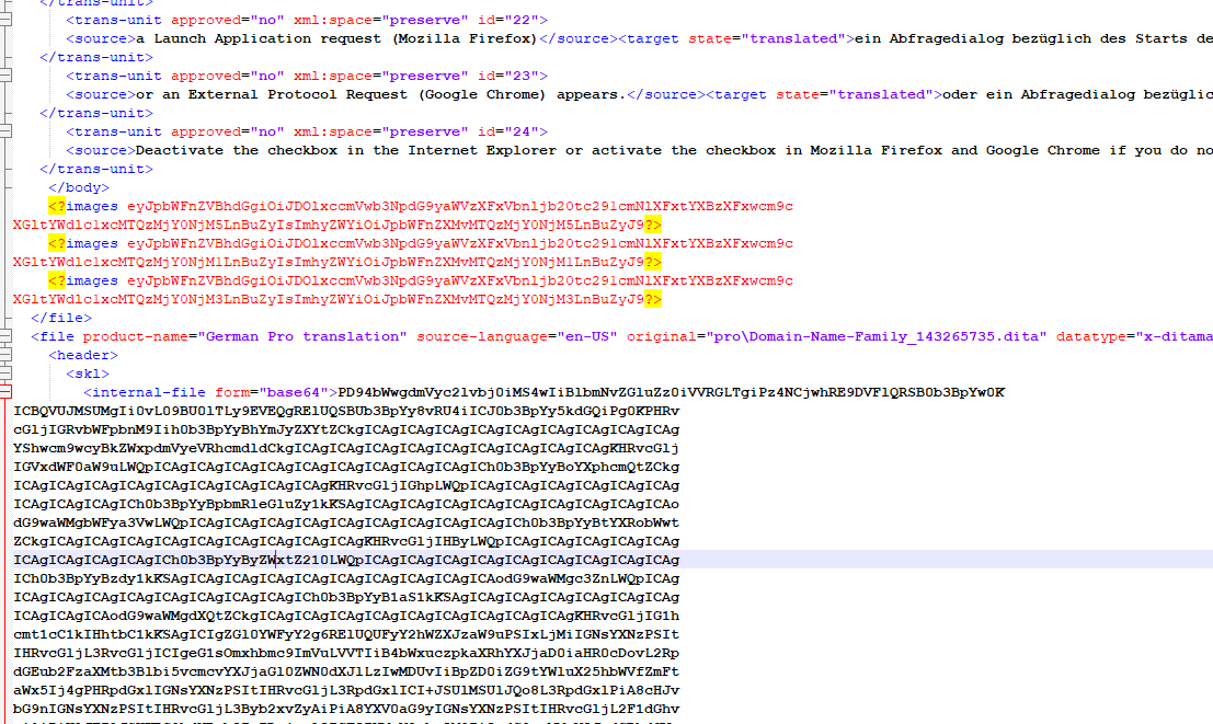 Screenshot of an XLF file with bilingual content showing source text in English and target text in German, with some unreadable code.
