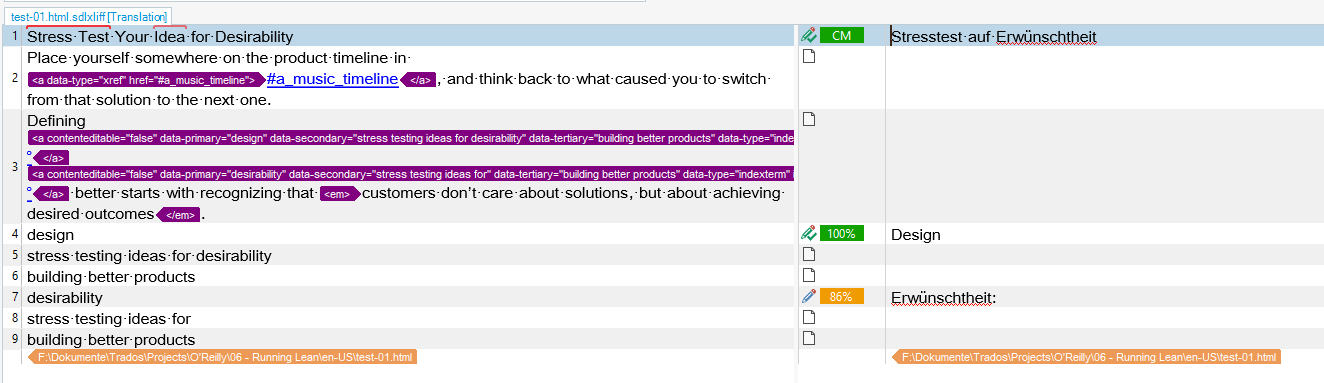 Screenshot of Trados Studio translation editor with segmented text for translation, including source and target language columns.
