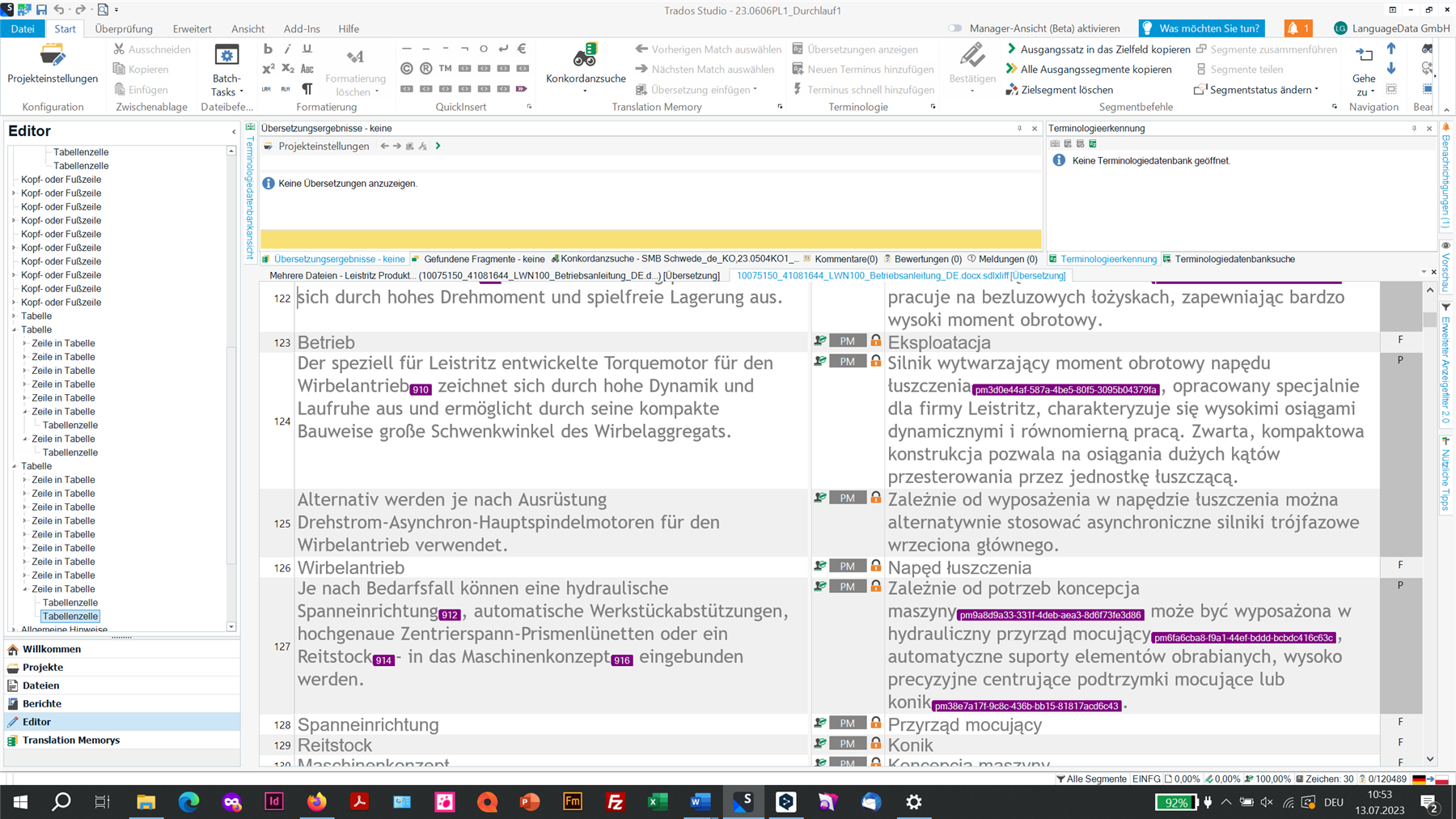 Screenshot of Trados Studio 2022 showing a document with multiple tag errors highlighted in pink, indicating incorrect tag placement during pretranslation.