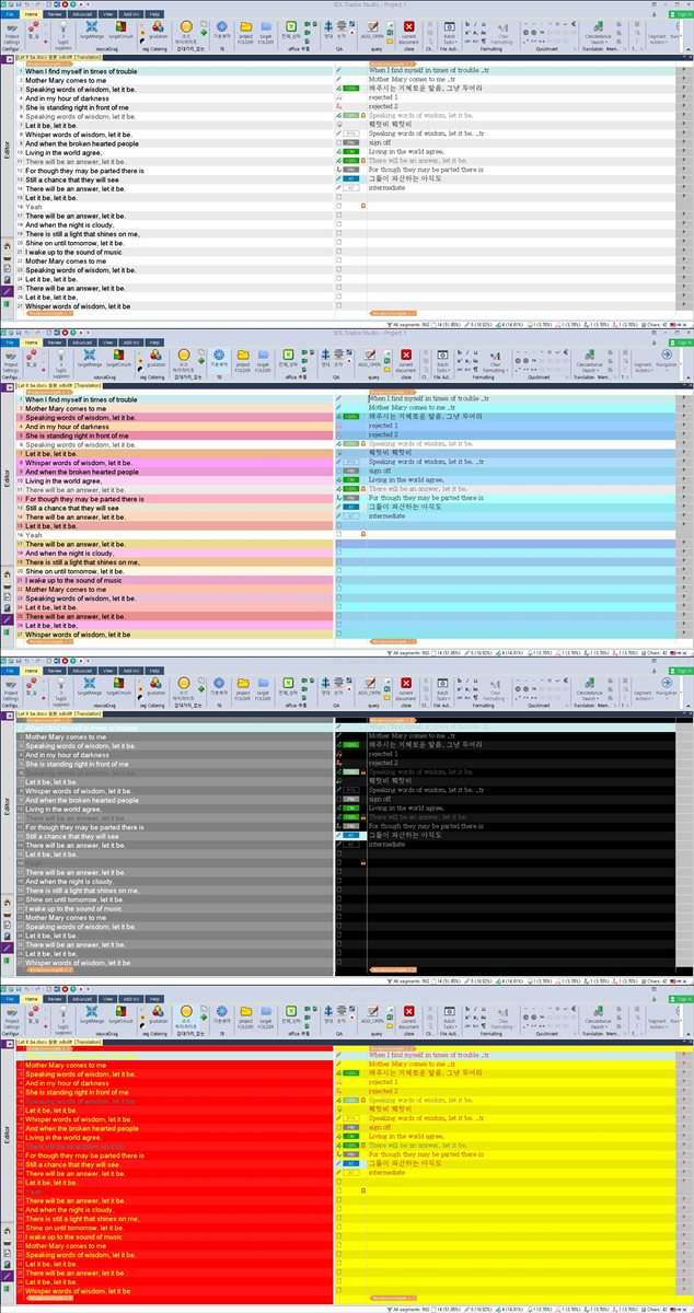 Trados Studio interface with a translation project open, showing segments of text in source and target columns. No visible errors or warnings.