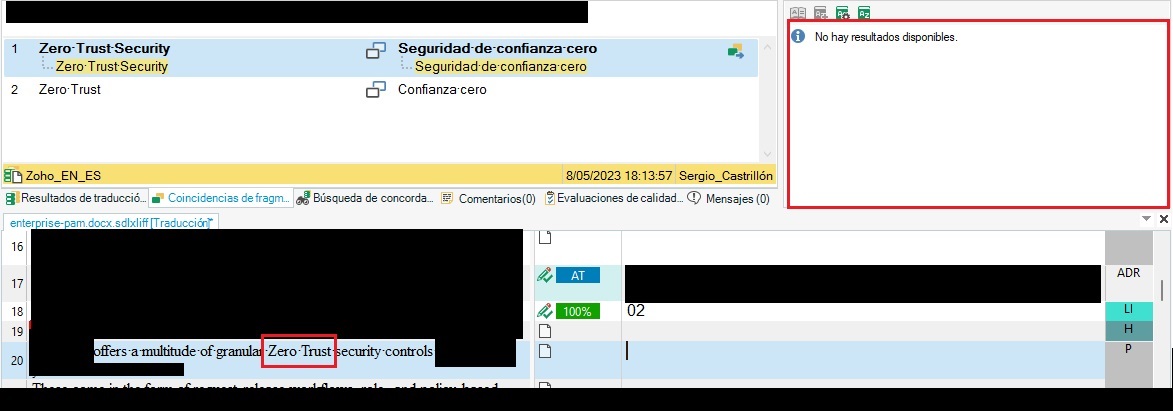 Screenshot of Trados Studio where the term 'Zero Trust' is not highlighted in the source column and the termbase shows 'No hay resultados disponibles', indicating no available results.