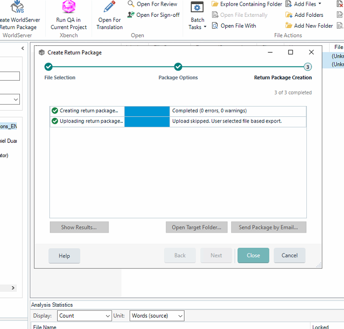 Screenshot of a 'Create Return Package' window with progress indicators showing 'Creating return package...' in progress and 'Uploading return package...' as completed with a note 'Upload skipped. User selected file based export.'