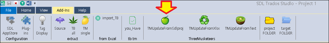 Trados Studio toolbar with an arrow pointing to the 'import_TB' icon, indicating the import of a Translation Memory.
