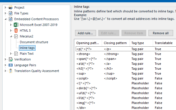 Screenshot of Trados Studio settings with a list of inline tag rules for elements like strong, span, a, h3, and script.