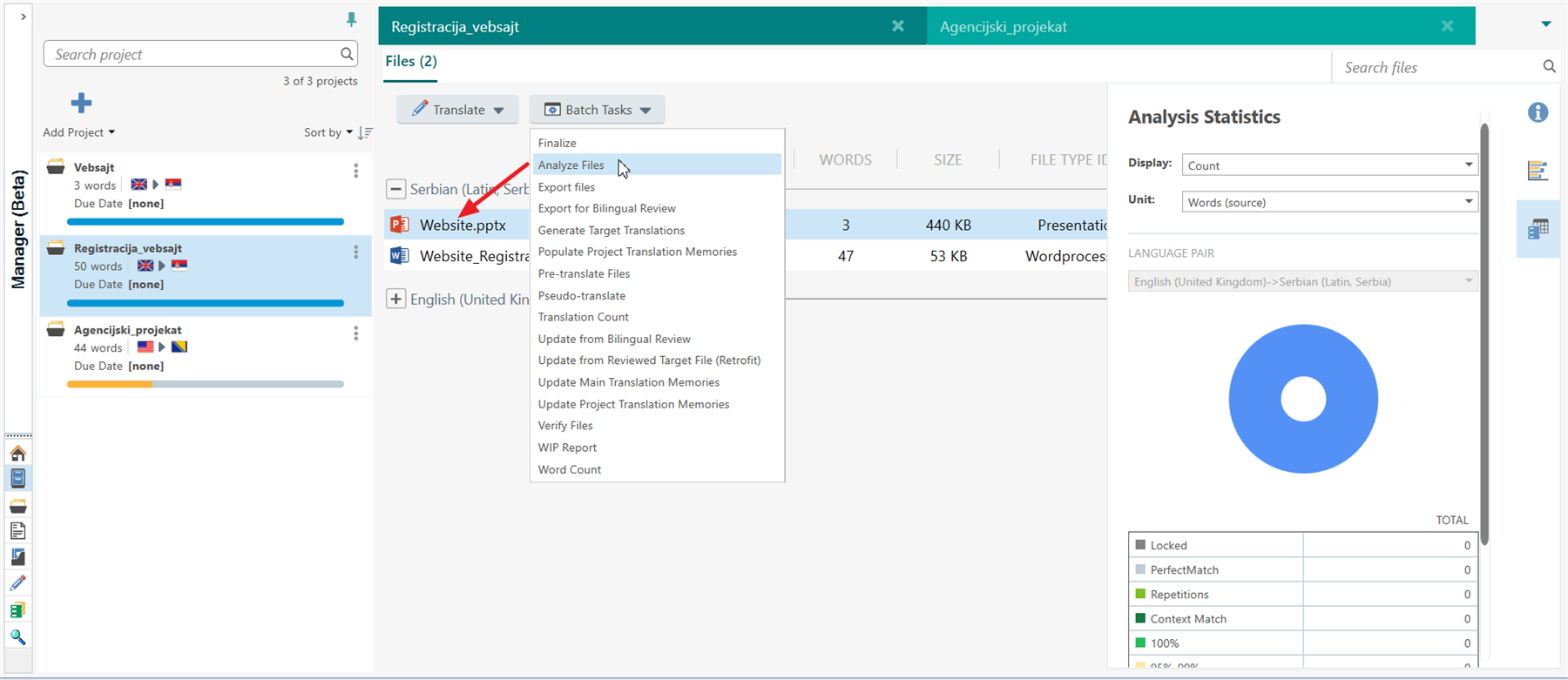 Trados Studio interface with Analysis Statistics window open, showing a pie chart and a list of translation statistics.