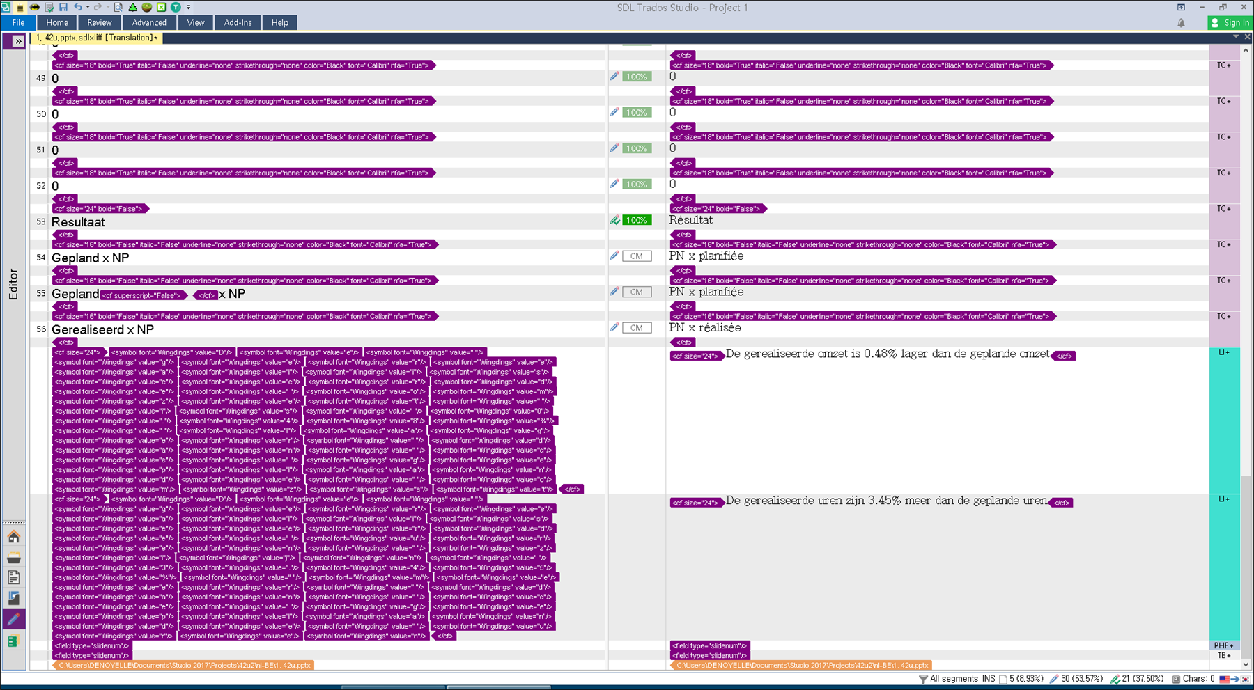 Screenshot of Trados Studio interface showing a translation project with various segments. Segment 56 contains a string of Wingdings symbols instead of text, indicating a possible error in conversion or formatting.