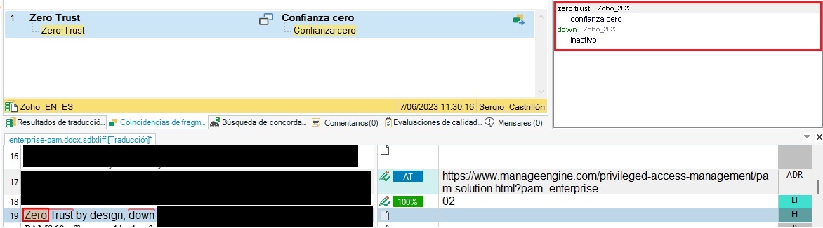 Screenshot showing Trados Studio with 'Zero Trust' term highlighted in the source column and included in the termbase with a translation suggestion 'Confianza cero'.