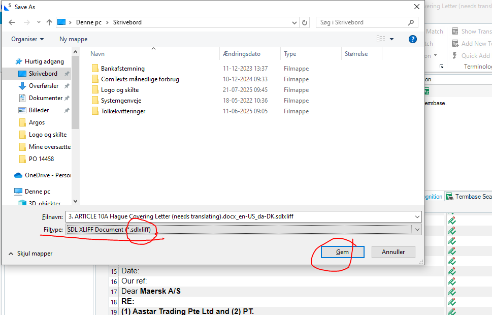 Save As dialog box in Trados 2024 showing the file name '3. ARTICLE 10A Hague Covering Letter.docx_en-US_da-DK.sdlxliff' and file type 'SDL XLIFF Document (.sdlxliff)' with 'Save' button circled.