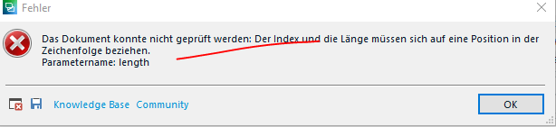 Error dialog box with a message stating 'The document could not be checked: The index and the length must refer to a location within the string.' Parameter name: length.