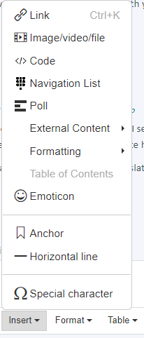 Dropdown menu in Trados Studio with options such as Link, Imagevideofile, Code, Navigation List, Poll, External Content, Formatting, Table of Contents, Emoticon, Anchor, Horizontal line, Special character.