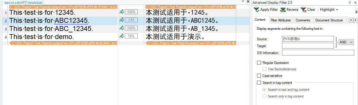 Trados Studio interface showing a translation project with four segments. The Advanced Display Filter panel is open with a regular expression entered in the source field.