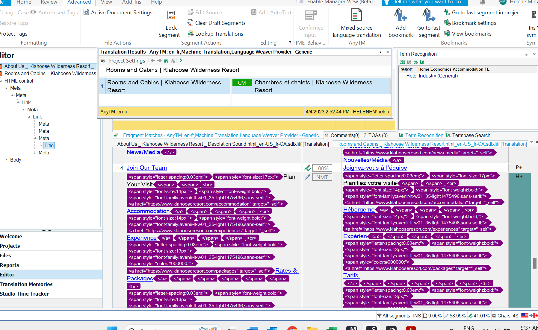 Screenshot of Trados Studio editor view highlighting segments 114 and 115 with first tags related to font and formatting in the source document.