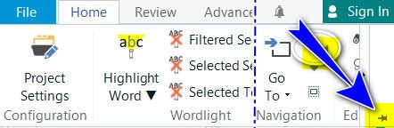Partial screenshot of Trados Studio ribbon with magnifying glass icon pointing to a specific tool. Visible icons include 'Filtered Segments', 'Selected Segments', 'Highlight', 'Wordlist', 'Selected Texts', 'Go To', 'Navigation', and 'Edit'. Some icons have warning symbols.