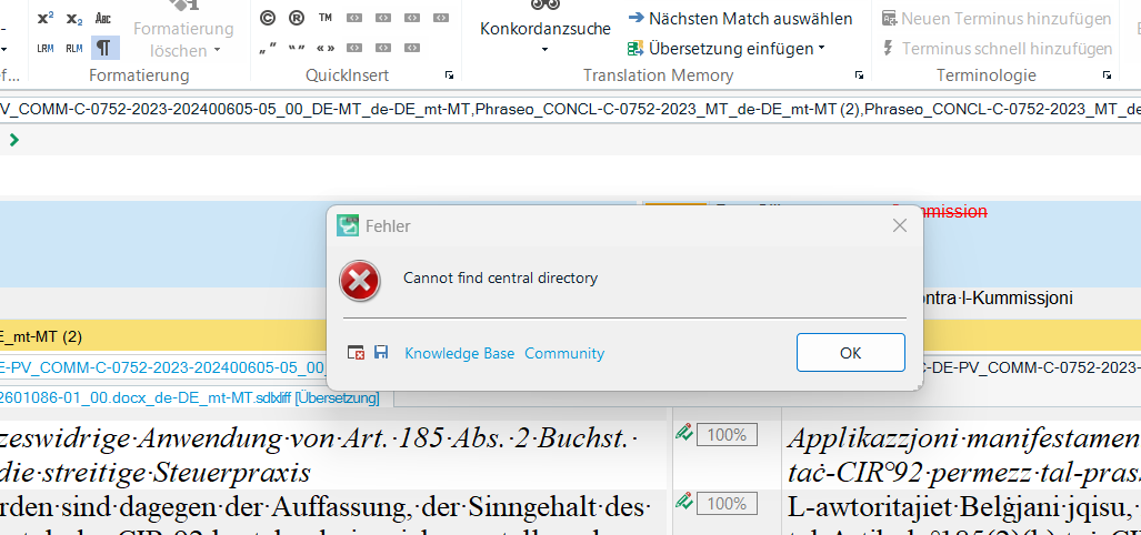 Error message in SDL Trados 2019 stating 'Cannot find central directory' with options for 'Knowledge Base', 'Community', and an 'OK' button.