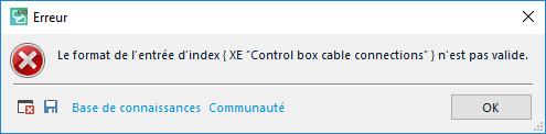 Error dialog box in Trados Studio 2019 displaying a message in French: 'Le format d'entree d'index n'est pas valide (XE 'control box cable connections')'.