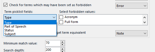 Trados Studio settings window with 'Type' selected in the Term picklist fields and 'Acronym' checked under Select forbidden values.