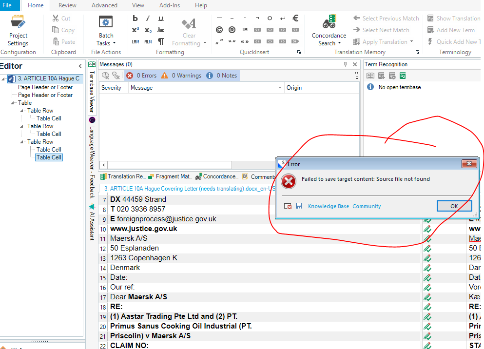Trados Studio interface showing an error message: 'Failed to save target content: Source file not found' with options for 'Knowledge Base', 'Community', and an 'OK' button.