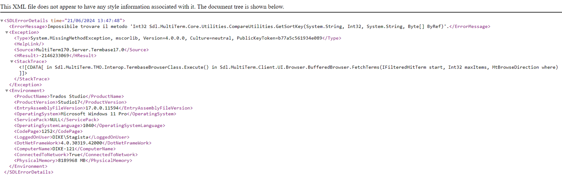 Error message in Trados Studio XML file stating 'Impossible trovare il metodo' with a MissingMethodException. Details include file paths, system version, and environment info such as operating system and memory.