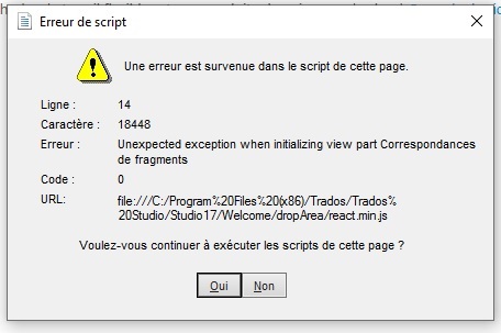Error message in Trados Studio with a warning icon, stating 'An error has occurred in the script on this page' with options to continue running scripts.