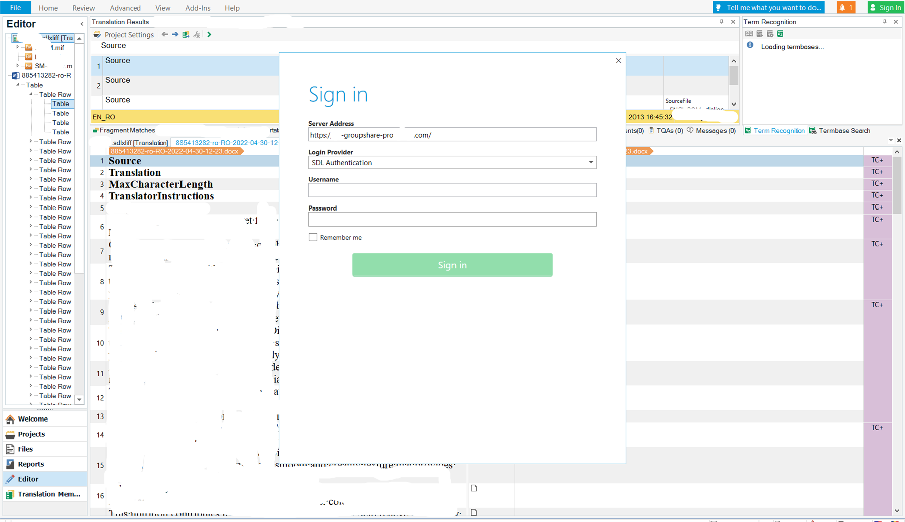 Trados Studio interface with an open project. A 'Sign in' pop-up window is displayed in the center, requesting server address, username, and password for SDL authentication.