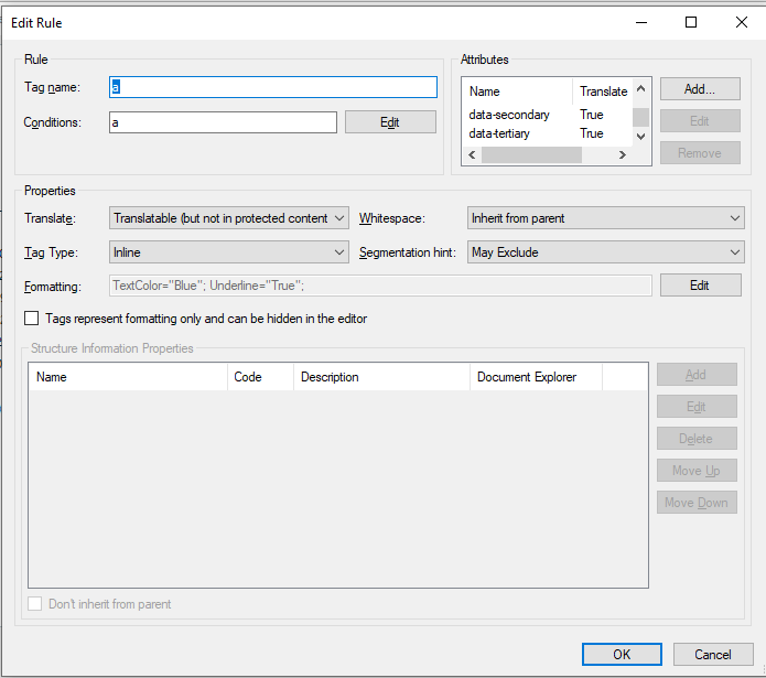 Screenshot of Trados Studio 'Edit Rule' dialog box with options for tag name, conditions, properties, and formatting including text color and underline.