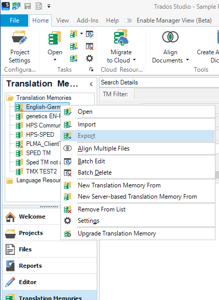Trados Studio screenshot showing the Translation Memory Maintenance View with a right-click context menu open, offering options such as Open, Import, Export, and others.
