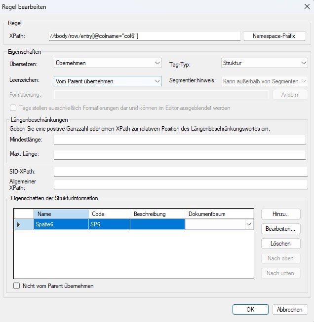 Screenshot of Trados Studio rule editing window showing XPath, properties, and structure information for 'Spalte6' with code 'SP6'.