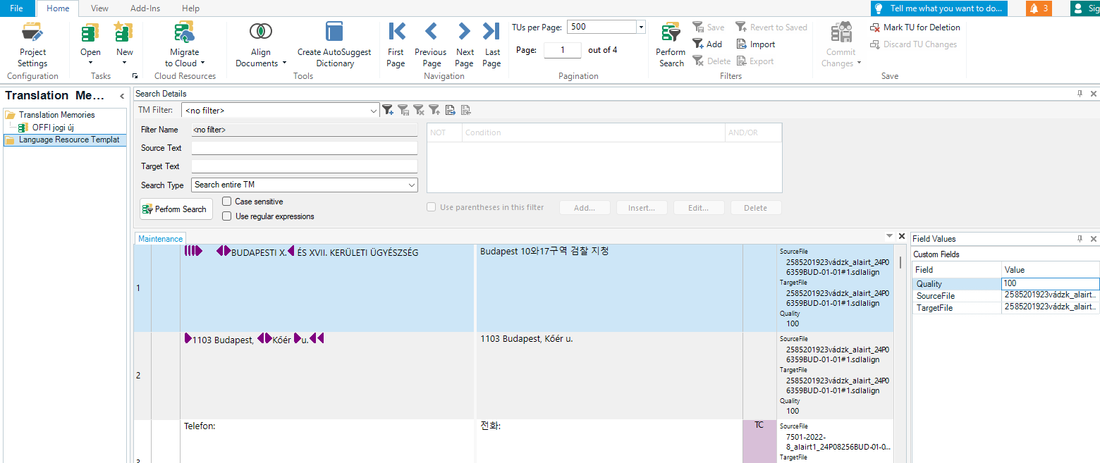 Screenshot of Trados Studio Translation Memories View with a focus on the Maintenance section showing entries with addresses in Budapest and a telephone number. No visible errors or warnings.