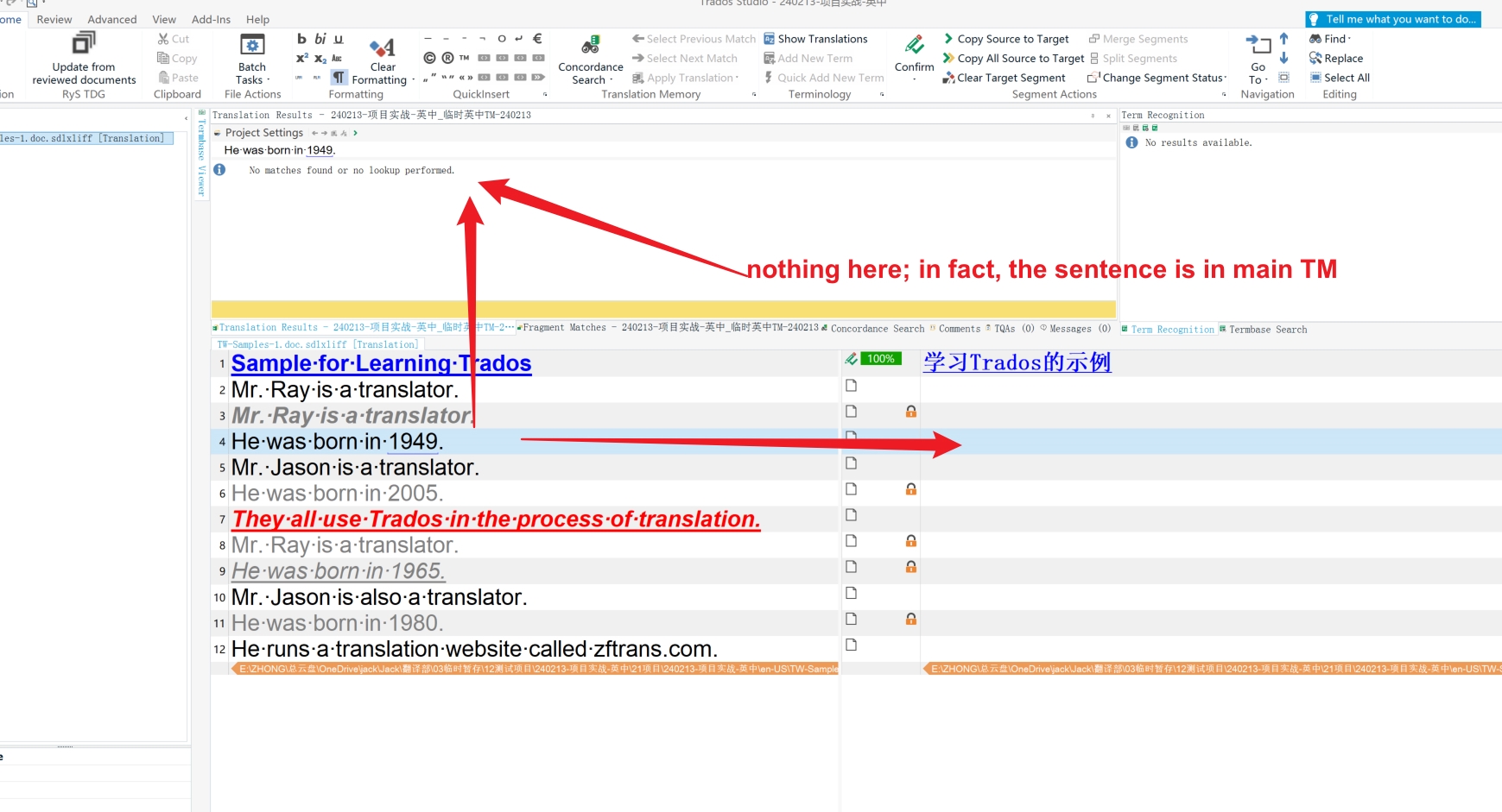 Screenshot of Trados Studio translation interface with no matches found, despite the sentence being in the main translation memory.