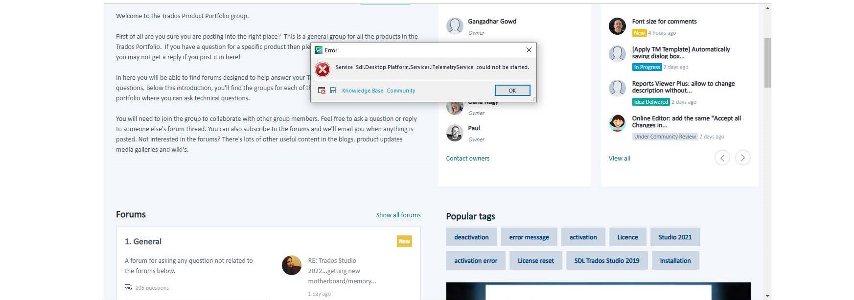 Screenshot of a forum page with a pop-up error message reading 'Service 'Sdl.Desktop.Platform.Services.ITelemetryService' could not be started.'