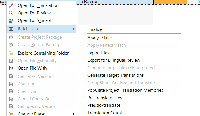 Trados Studio screenshot showing the 'Batch Tasks' menu expanded with 'Apply PerfectMatch' option visible but not highlighted or selected.