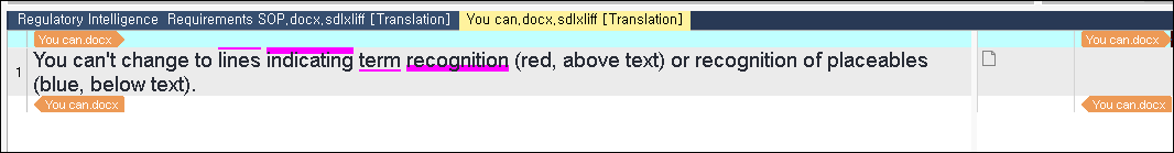 Screenshot of Trados Studio error message stating 'You can't change to lines indicating term recognition (red, above text) or recognition of placeables (blue, below text).'