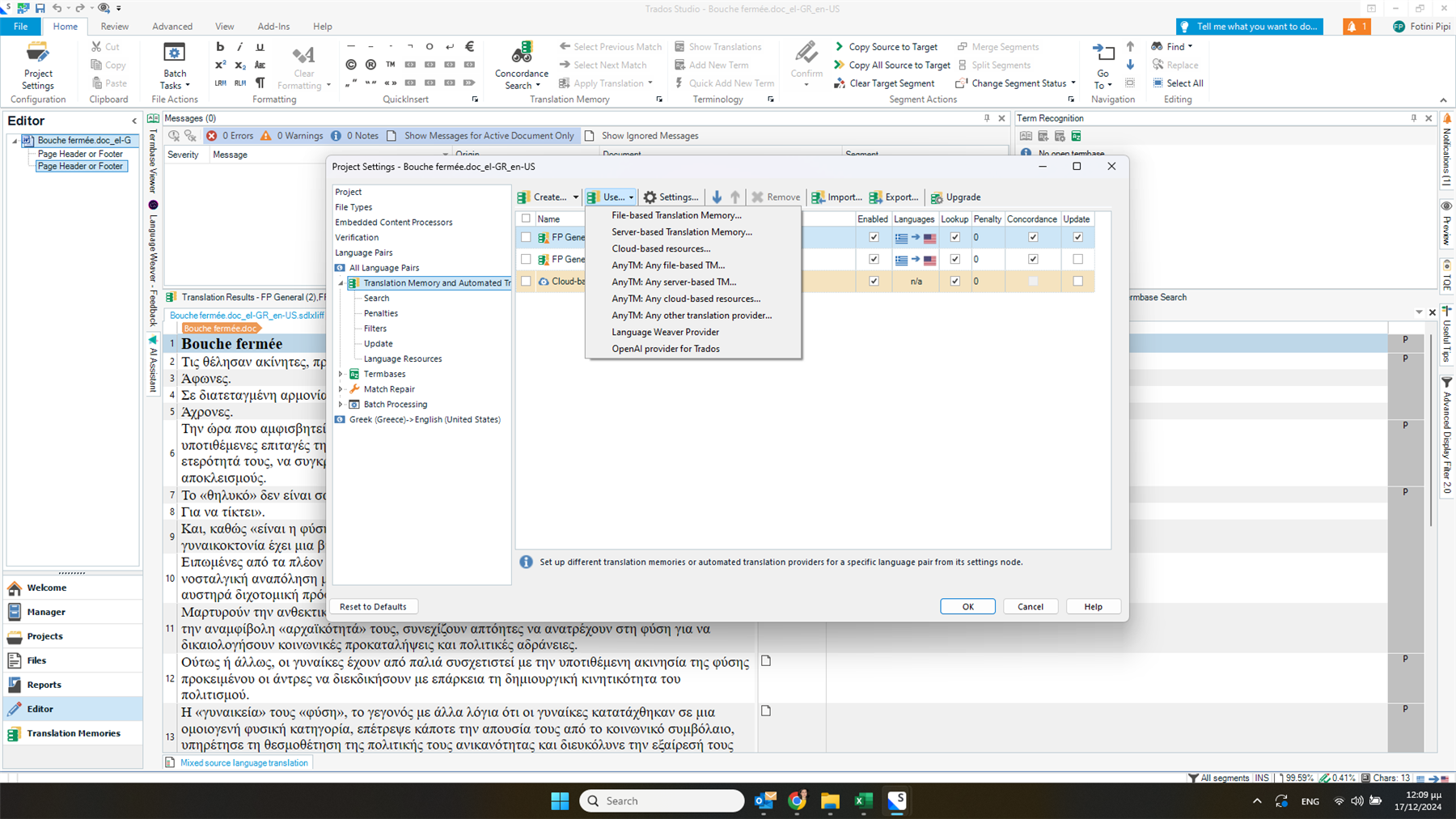 Screenshot of Trados Studio software showing the 'Translation Memory and Automated Translation' settings window with 'Cloud-based resources' option enabled.