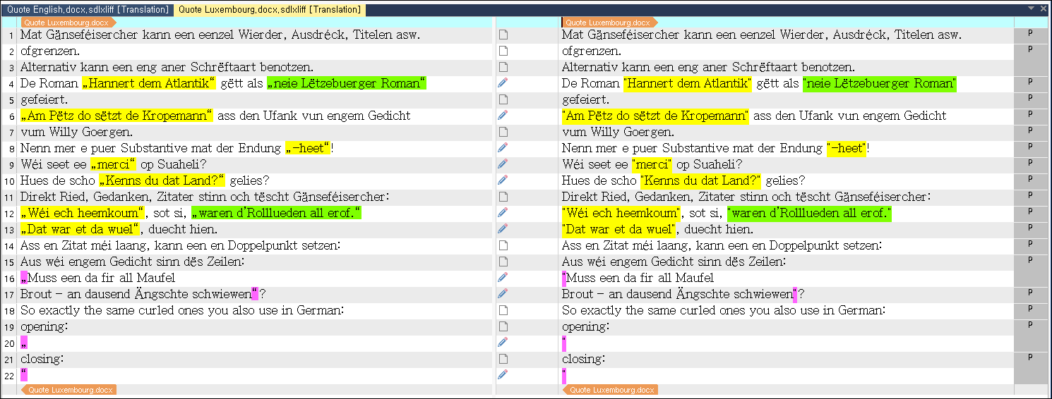 Screenshot of Trados Studio showing a source document on the left with highlighted text and a target document on the right with corresponding text. No visible errors or warnings.