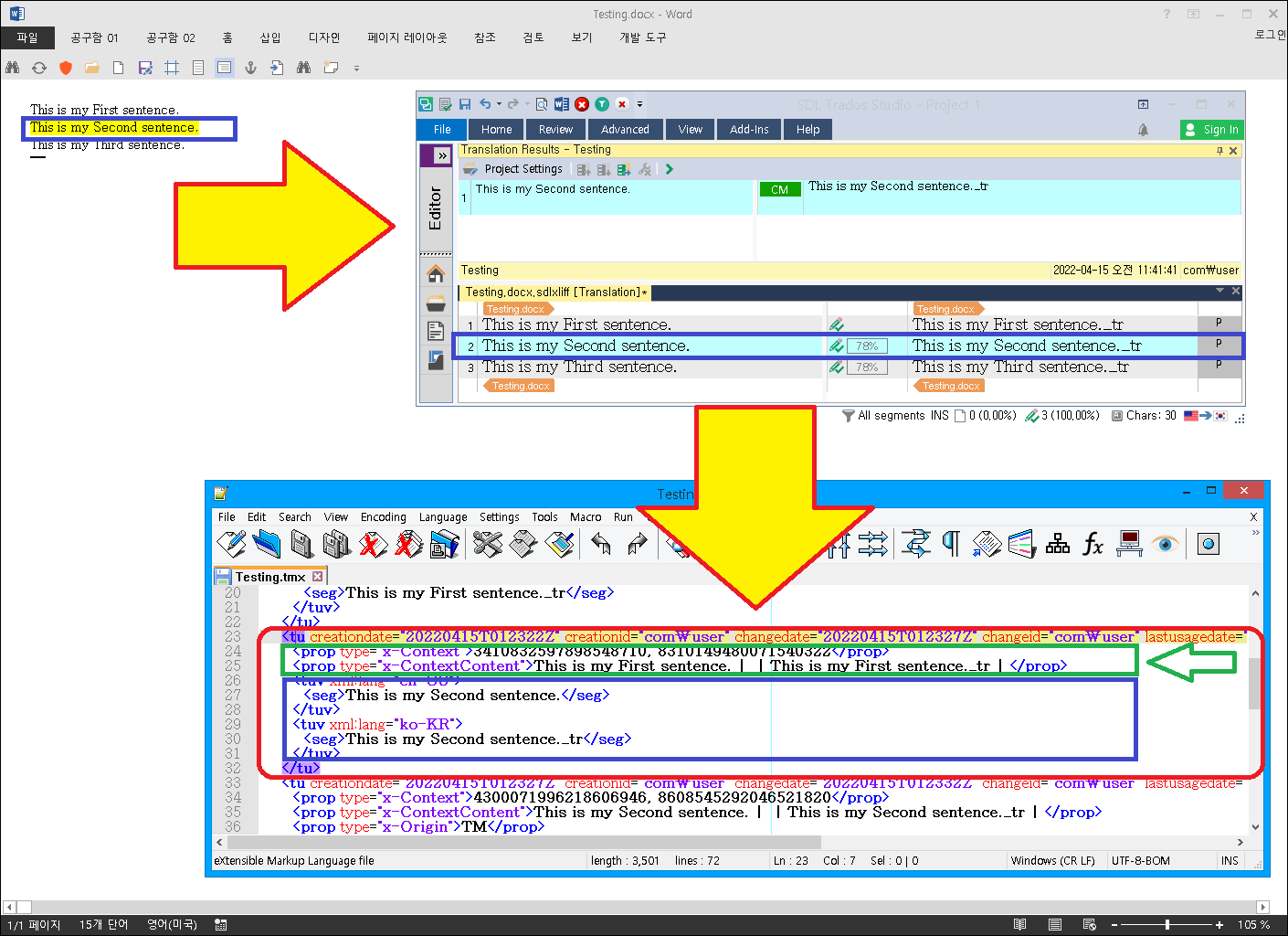 Screenshot of Trados Studio interface showing a translation project with three sentences. The second sentence is highlighted with a 'CM' label indicating a ContextMatch.